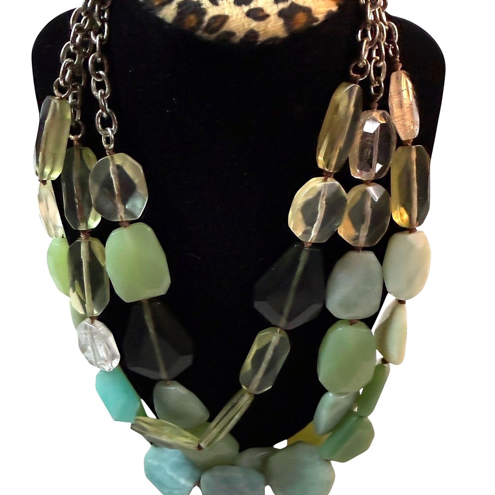Stella & Dot Statement Necklace Green Multi Strand Faceted Bead Boho Jewelry